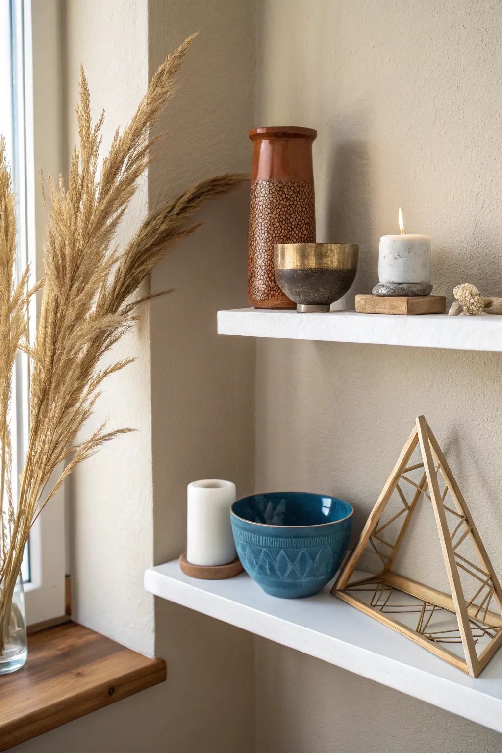 Style white shelves fast: group decor in threes and build a triangle for instant balance.