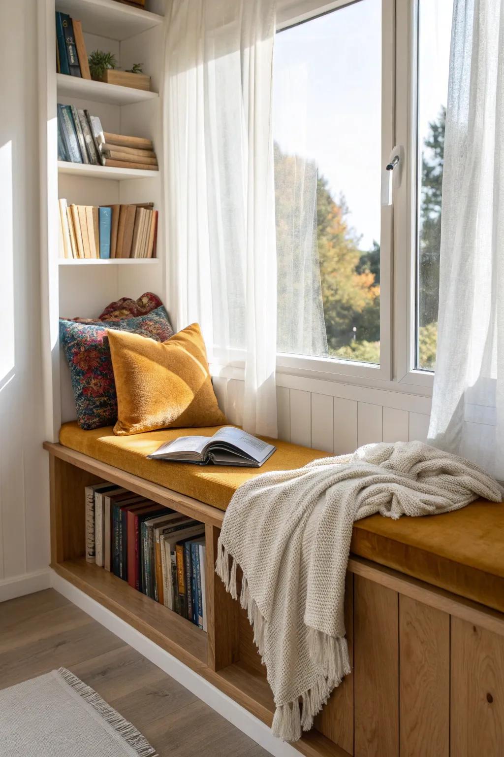 A built-in window bench with a slim book ledge—your tiny-space reading nook, perfected.