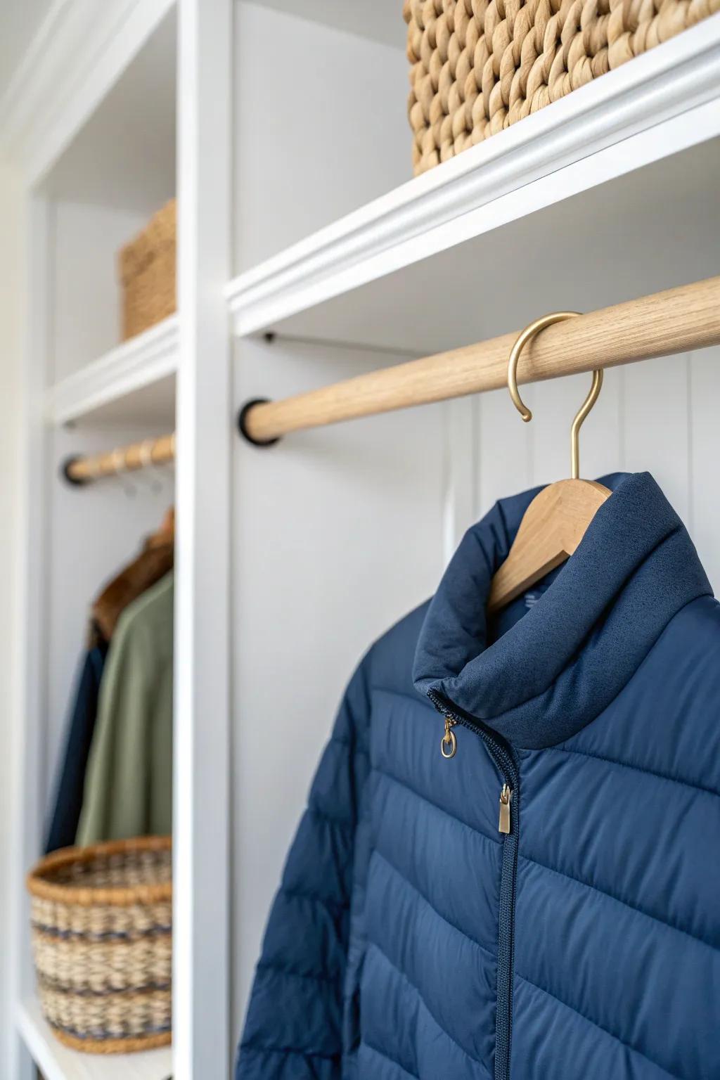 Double your closet space fast: add a second hanging rod for short winter puffers and fleeces.