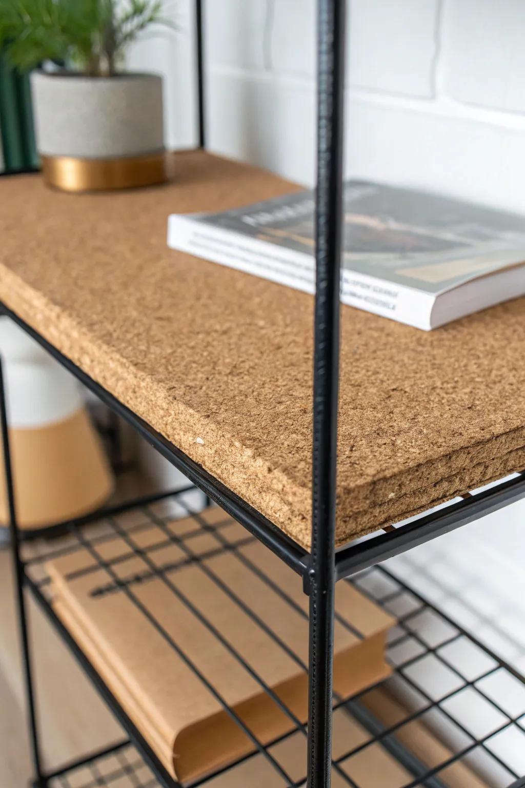 Cut-to-fit cork liner keeps paperbacks steady on wire shelves—no more wobble or snags.