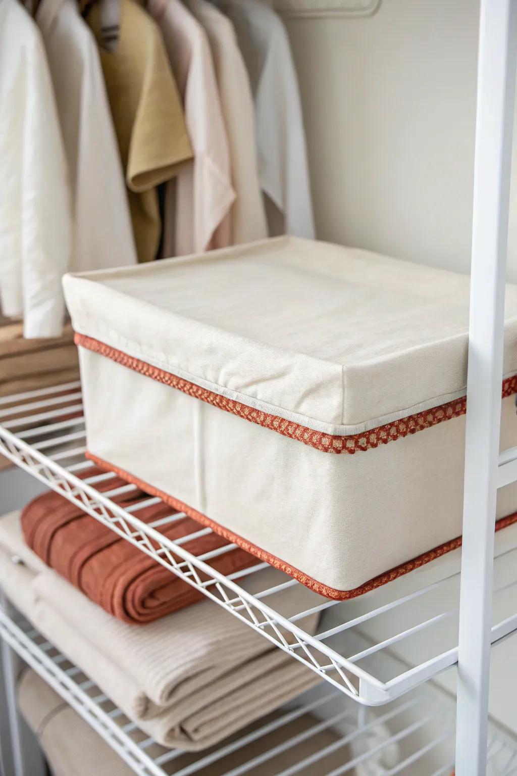 Slip on a linen shelf cover to make wire shelving look custom—clean, chic, rental-friendly.