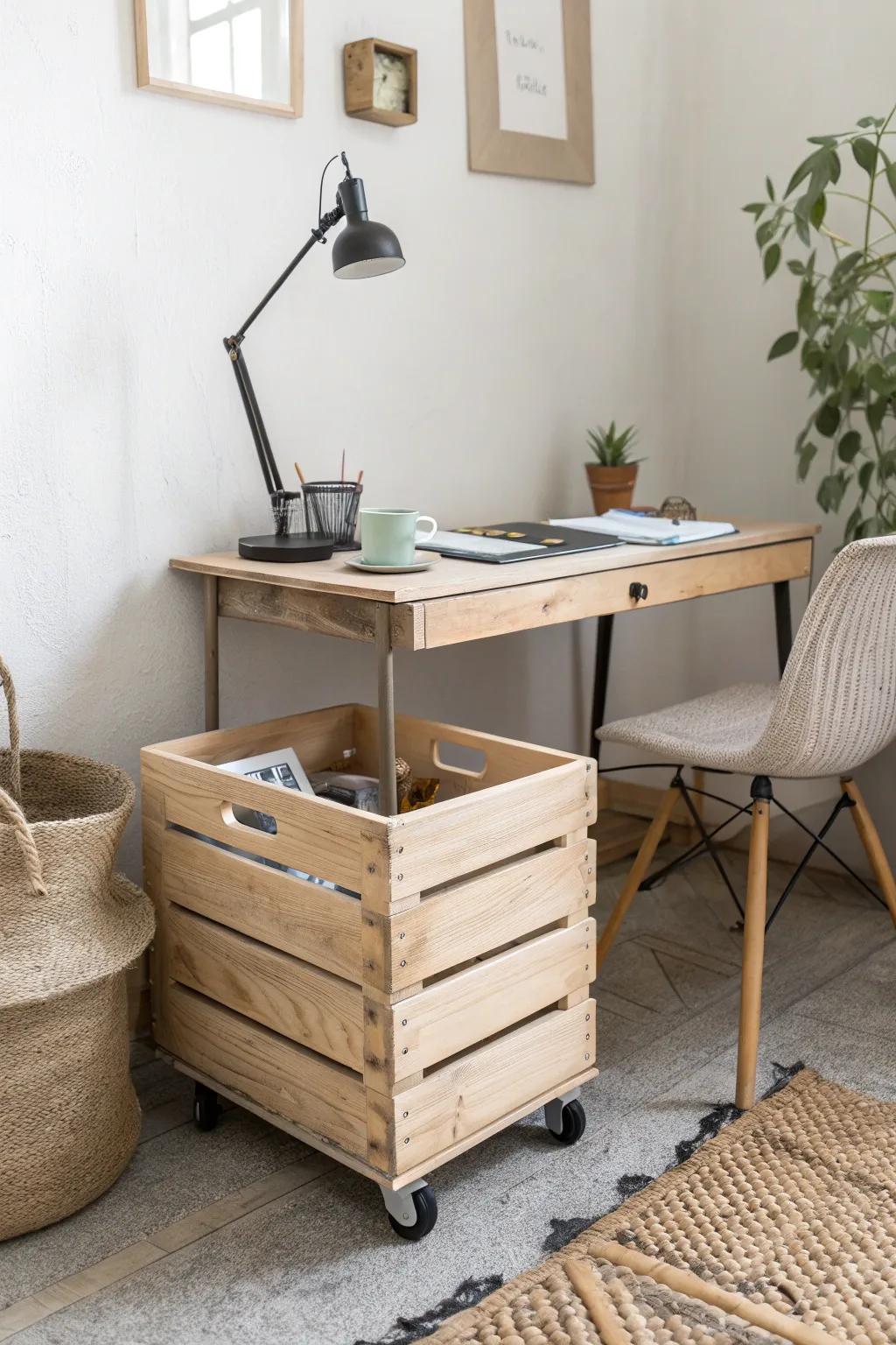 DIY rolling wooden crate cart—tiny, chic storage that glides neatly beside your desk.