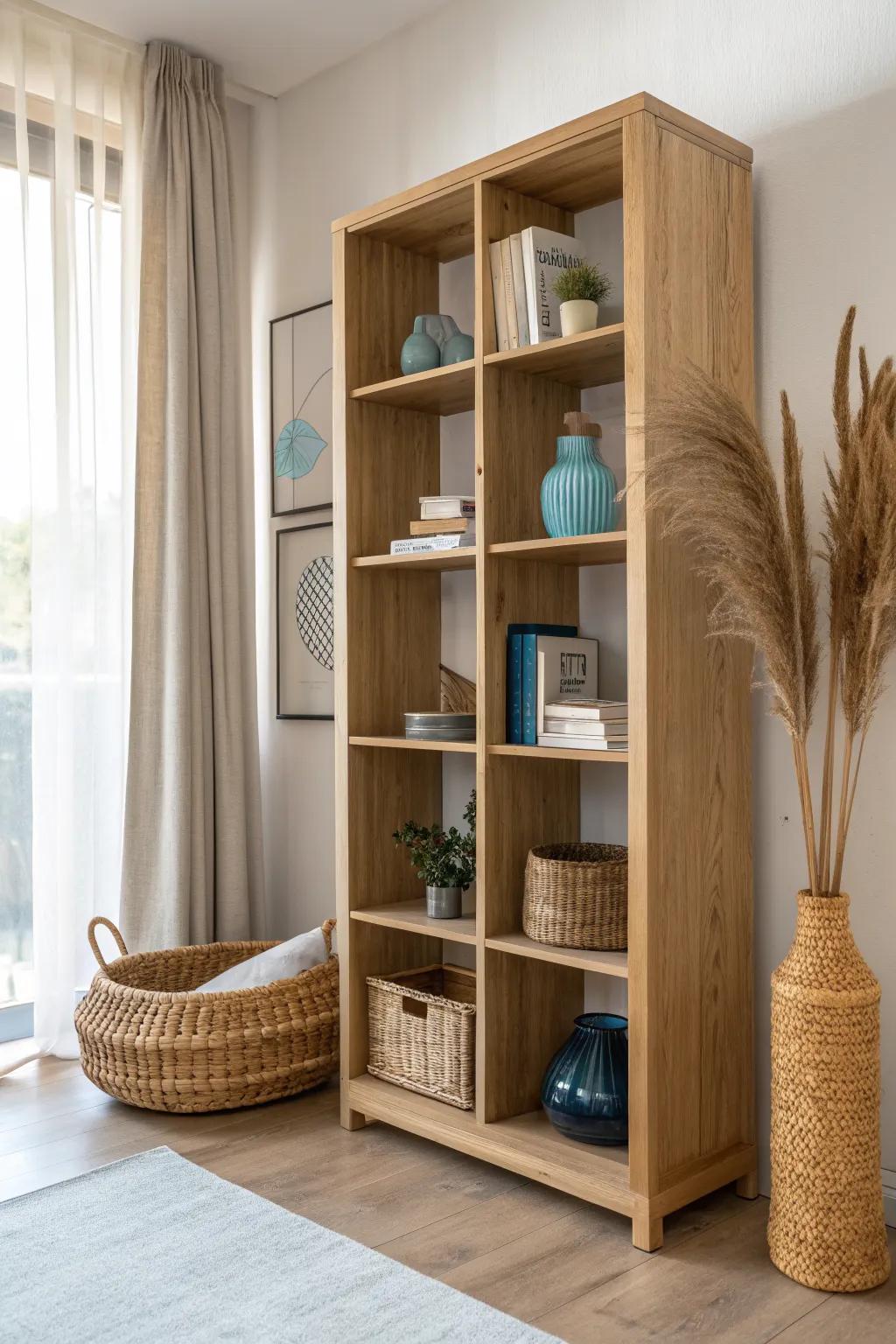 Open wooden shelving partition: airy room divider with books and baskets for small spaces.