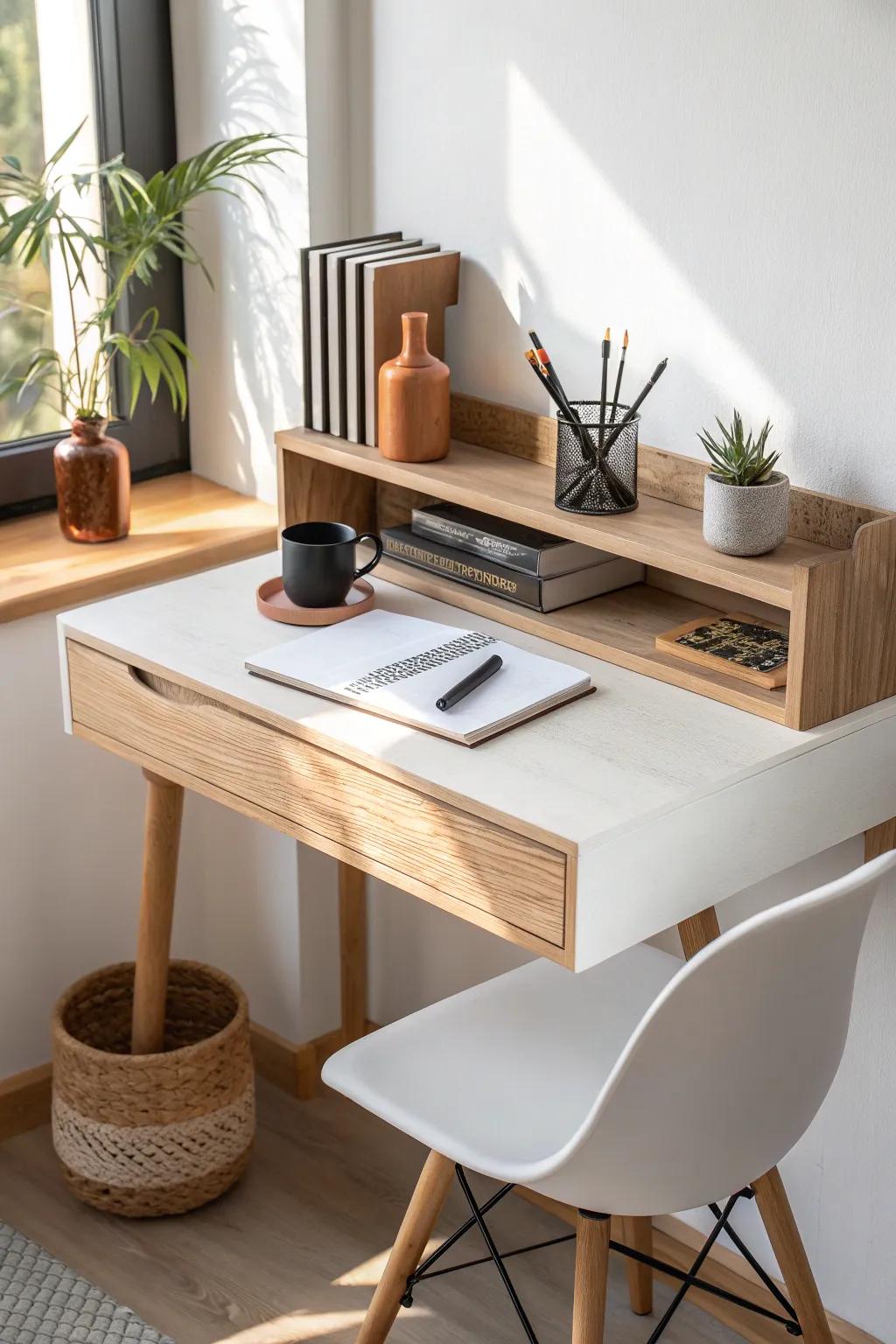 Go vertical: a slim wall ledge keeps essentials handy and frees up desk space in small offices.