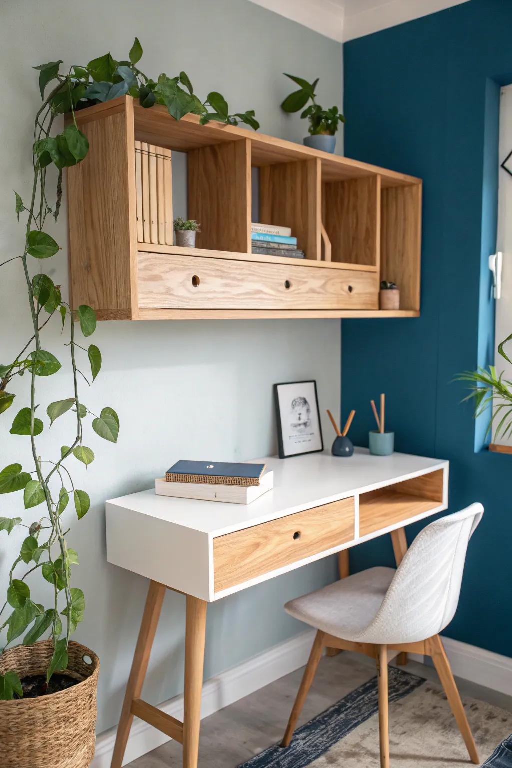 Go vertical: a simple floating shelf keeps home-office essentials close, not cluttered.
