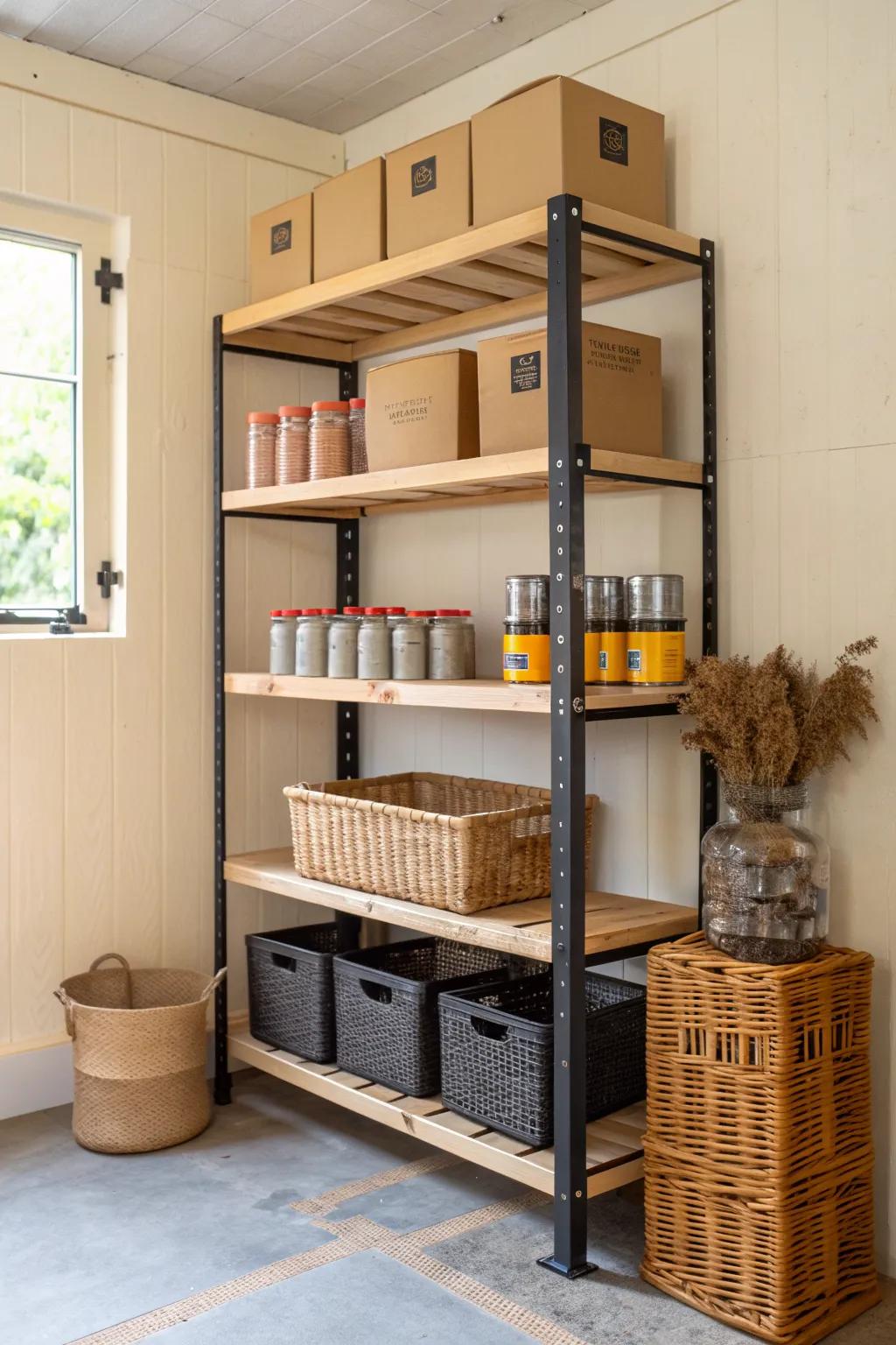 Open shelving keeps bulky supplies visible—so you stop rebuying extras in a small workshop.