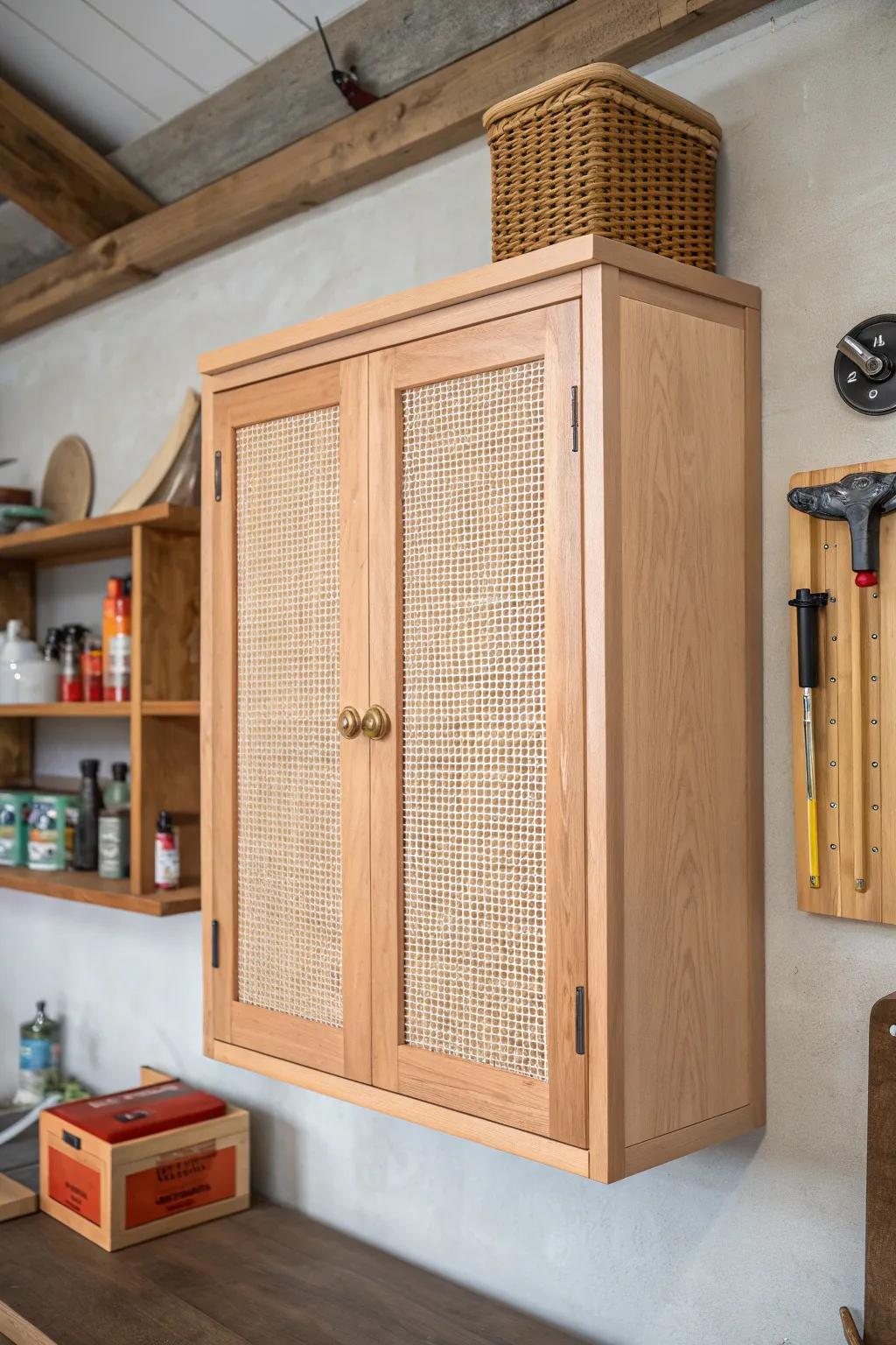 Upper cabinets near the ceiling hide bulky tools fast—perfect dead-space storage for small workshops.