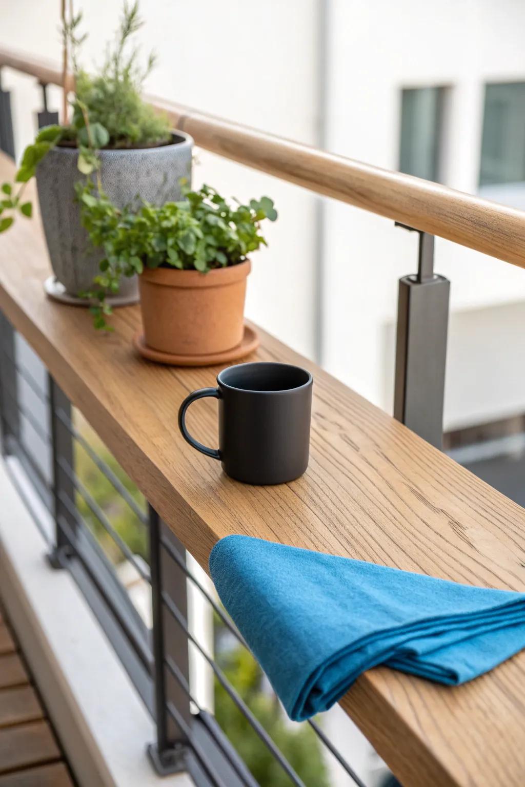 Add table space without losing room: a rail-height ledge for coffee, plants, or dining.