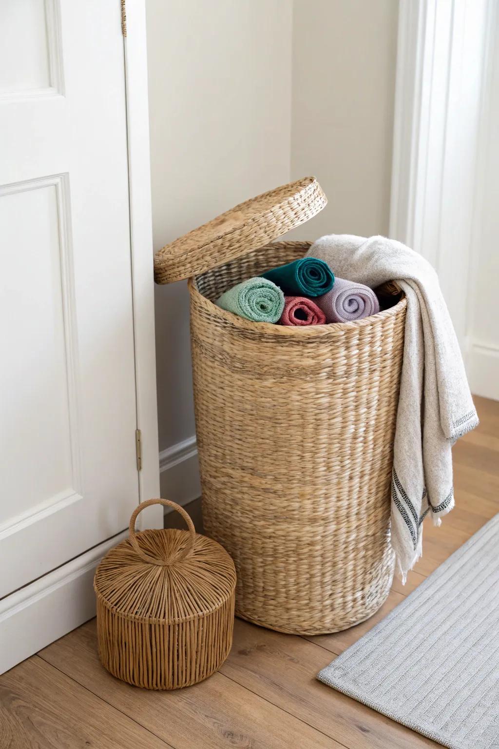 A tall lidded hamper keeps wrapping paper rolls upright, hidden, and easy to grab.
