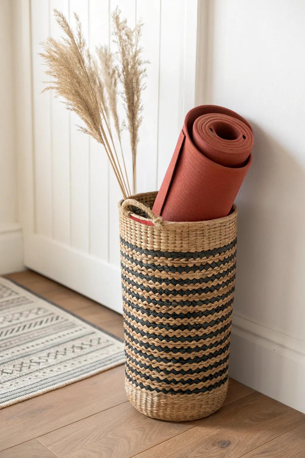 A tall woven basket turns your rolled yoga mat into chic decor—minimal, tidy, and calm.