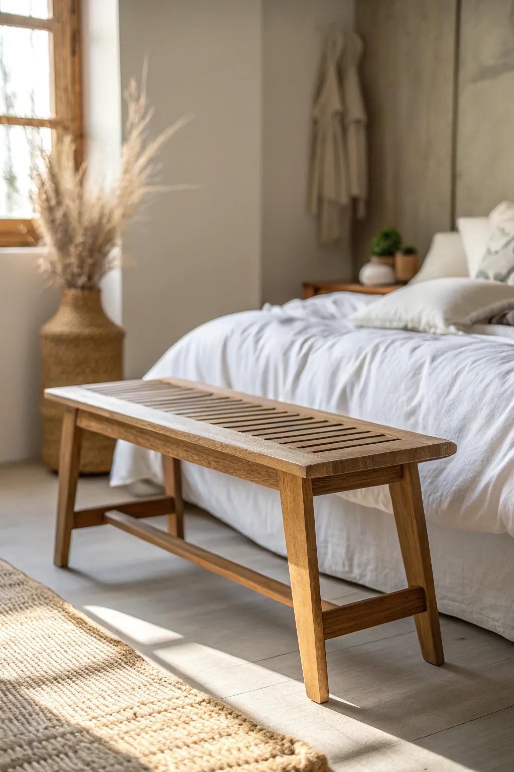 A slim oak bench at the foot of the bed adds a lounge feel without taking up space.