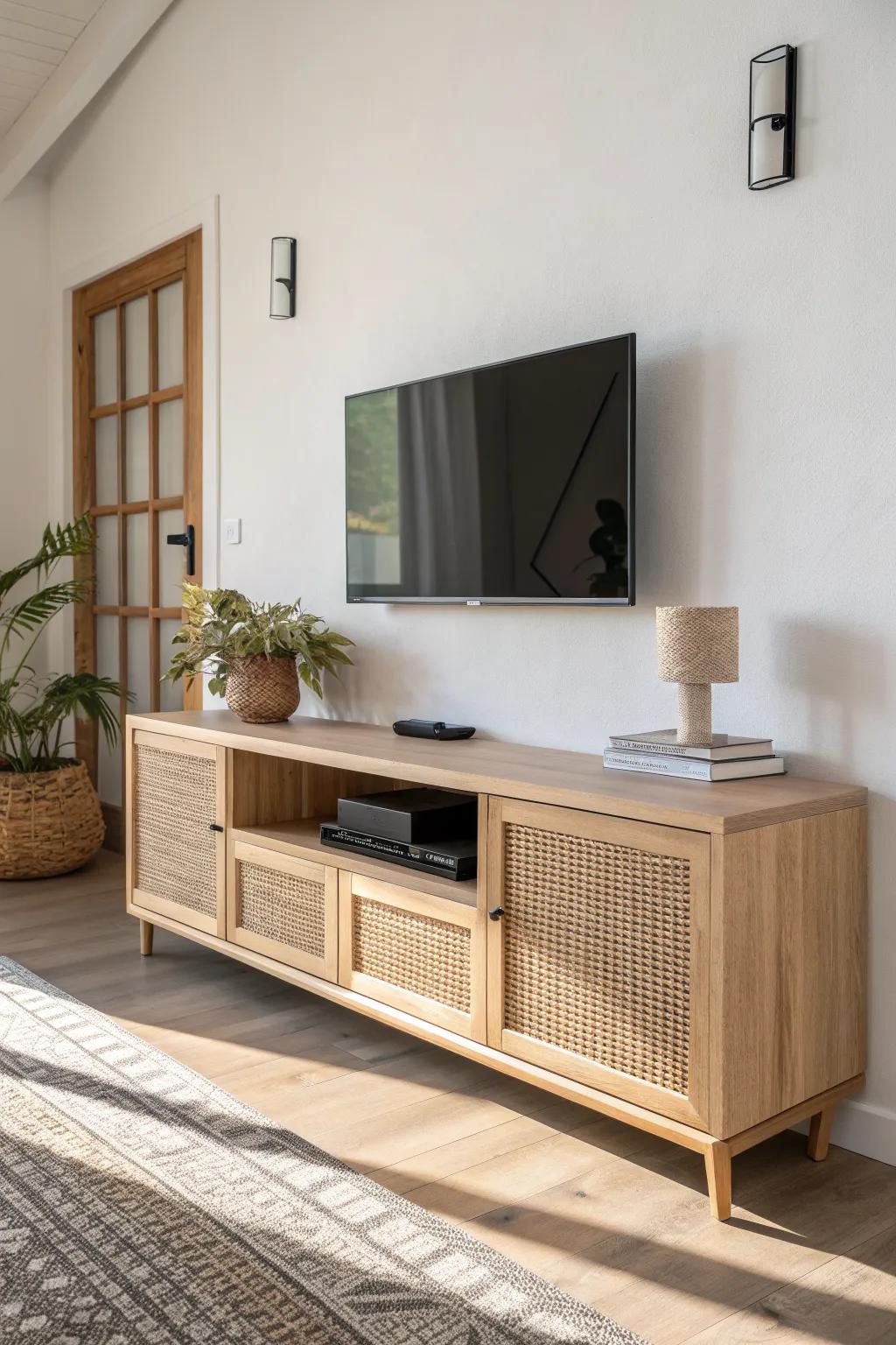 Wall-mounted TV + floating oak console: the quickest way to make a condo feel bigger.