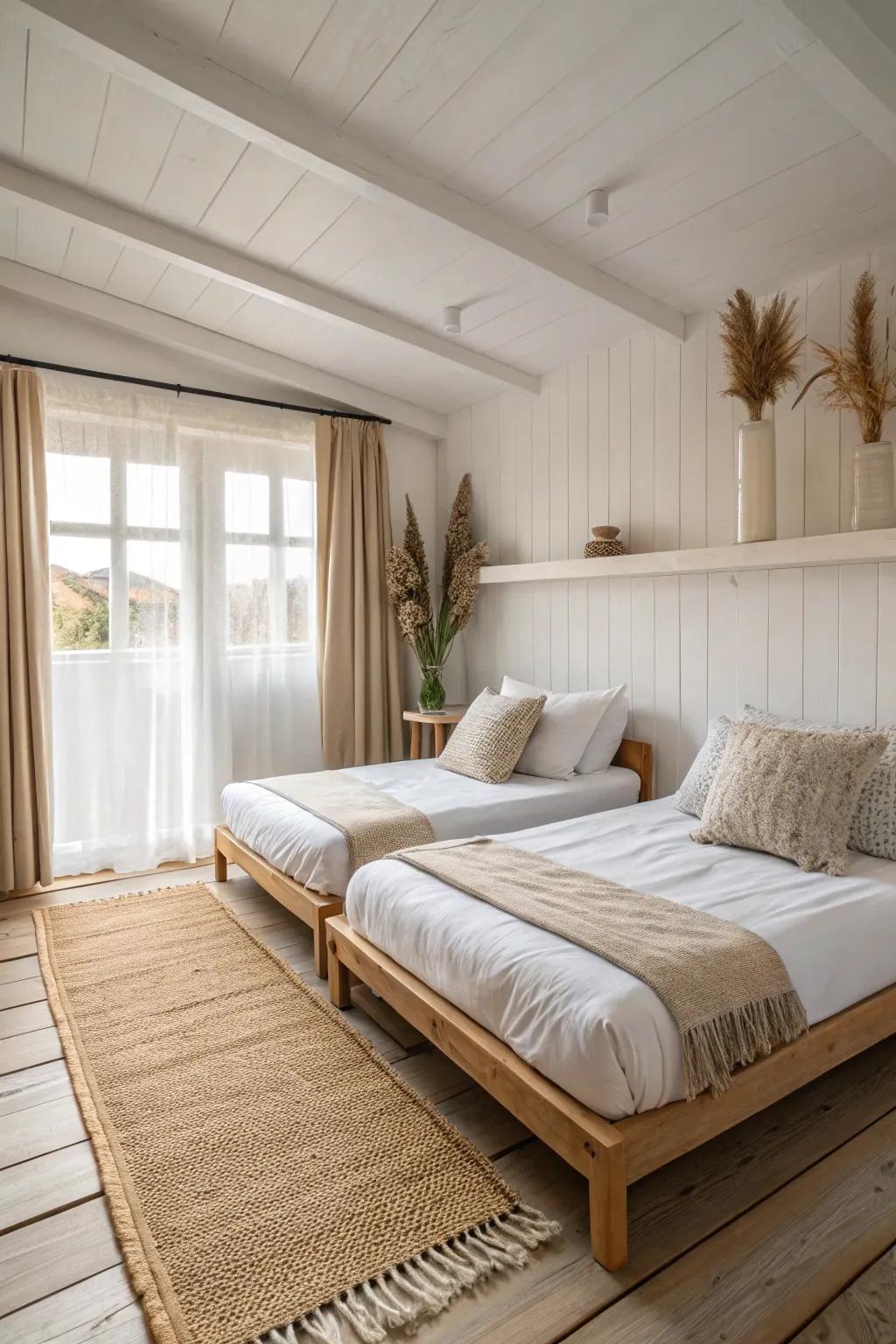 Two beds, one long wall—daybed styling with big pillows keeps it adult, airy, and chic.