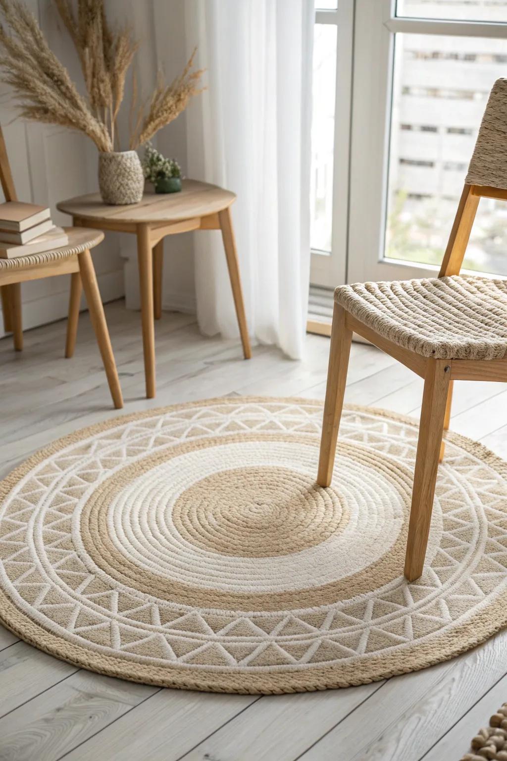 A petite round rug that makes two chairs feel like a separate little room—without bulk.