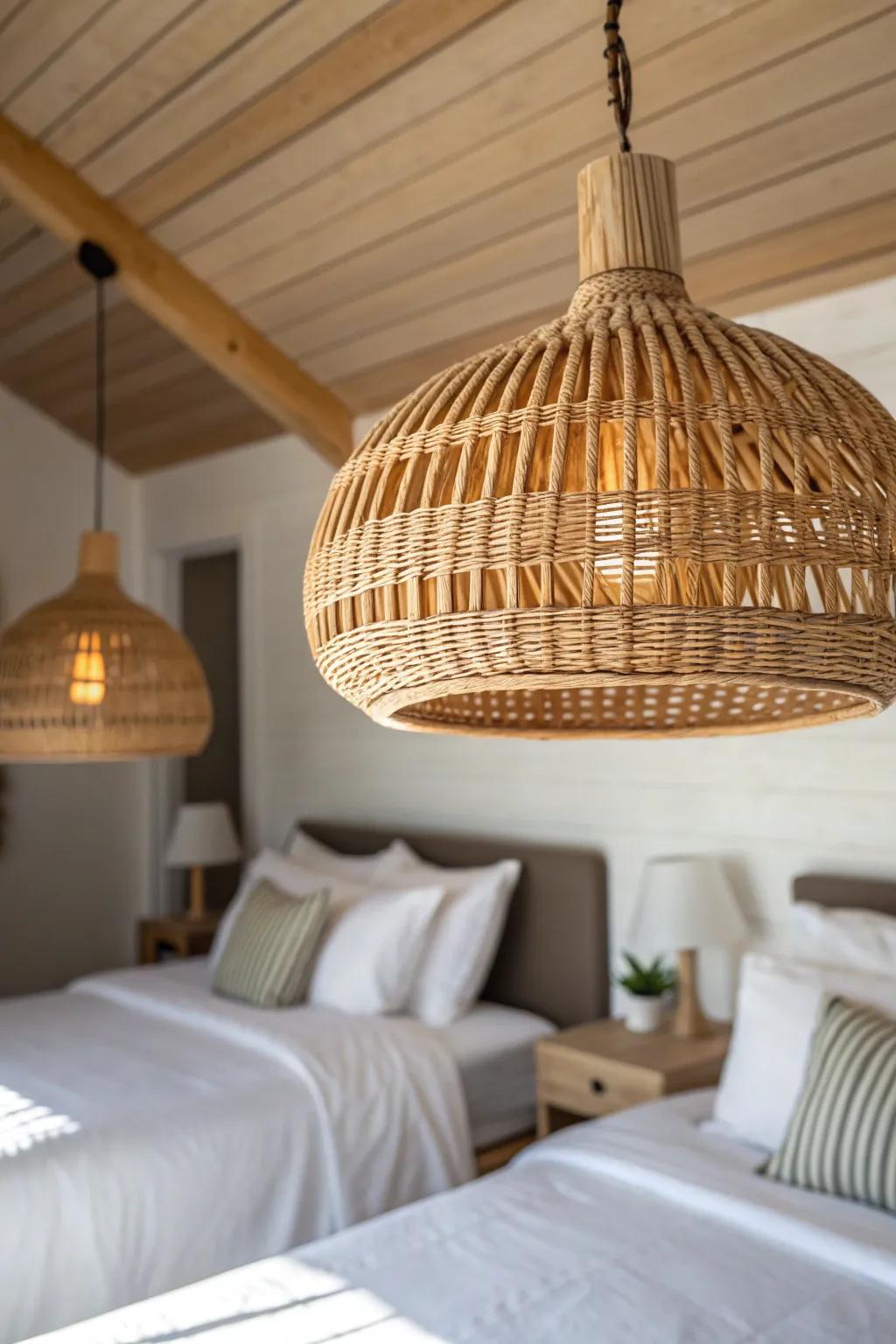 A centered statement pendant light visually balances two full-size beds in one small room.