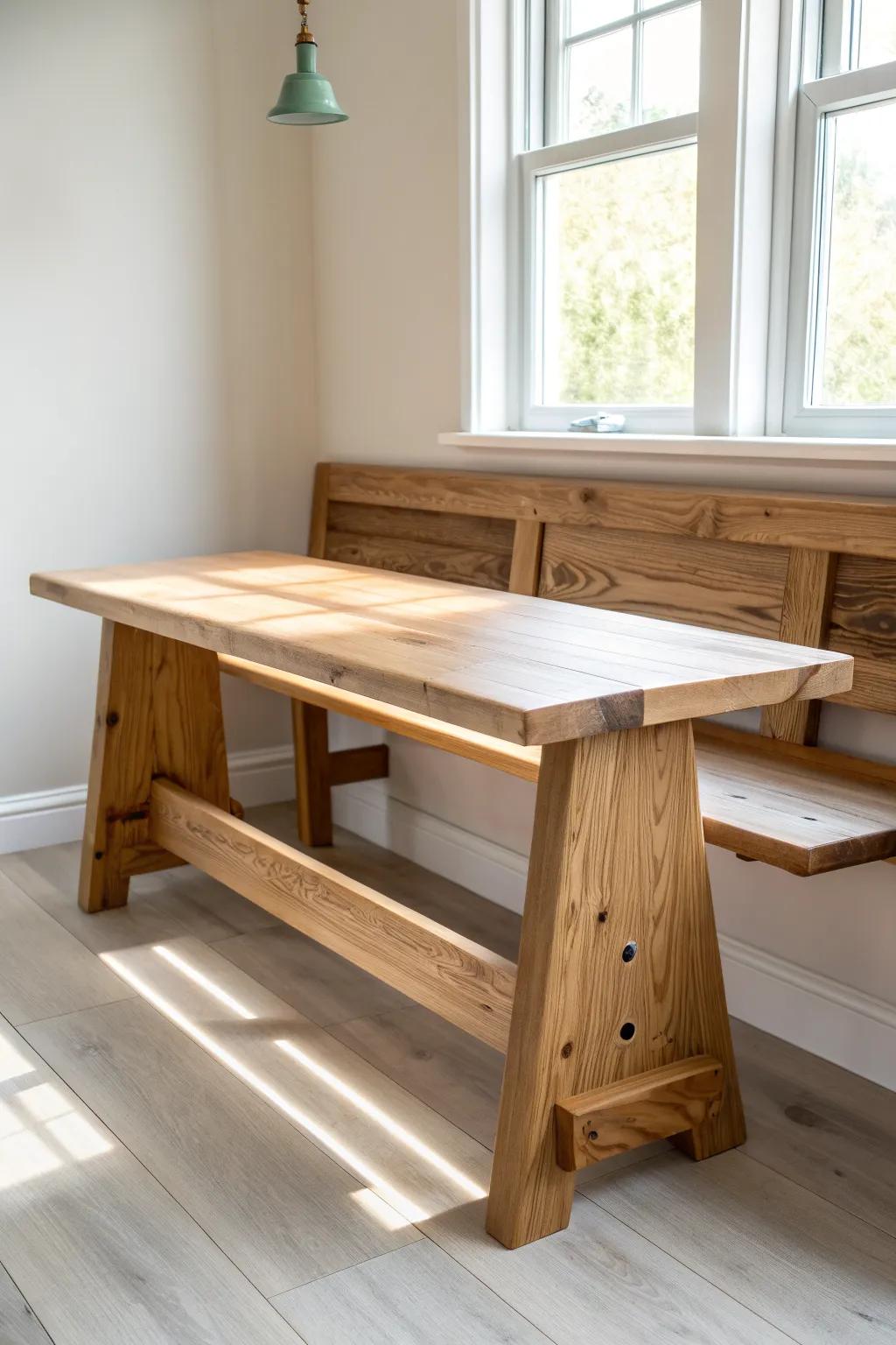 Minimal 2x4 trestle dining bench: warm wood, clean lines, and no chair clutter for small spaces.