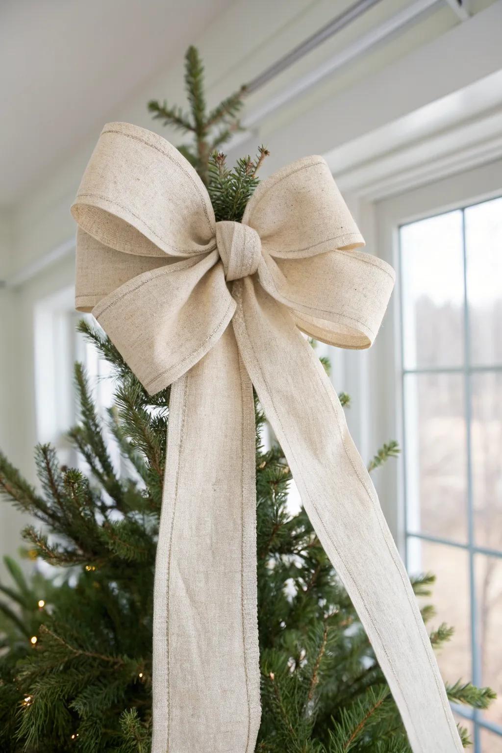 An oversized linen bow topper adds instant height and airy elegance to a petite 4ft tree.