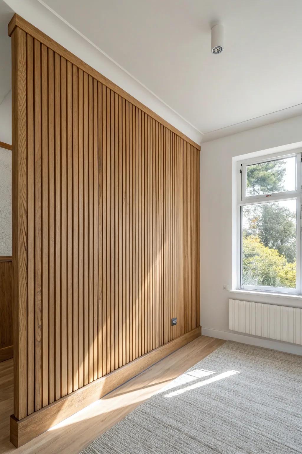 Slim vertical wood battens pull the eye up—an easy trick to make 8‑foot ceilings feel taller.