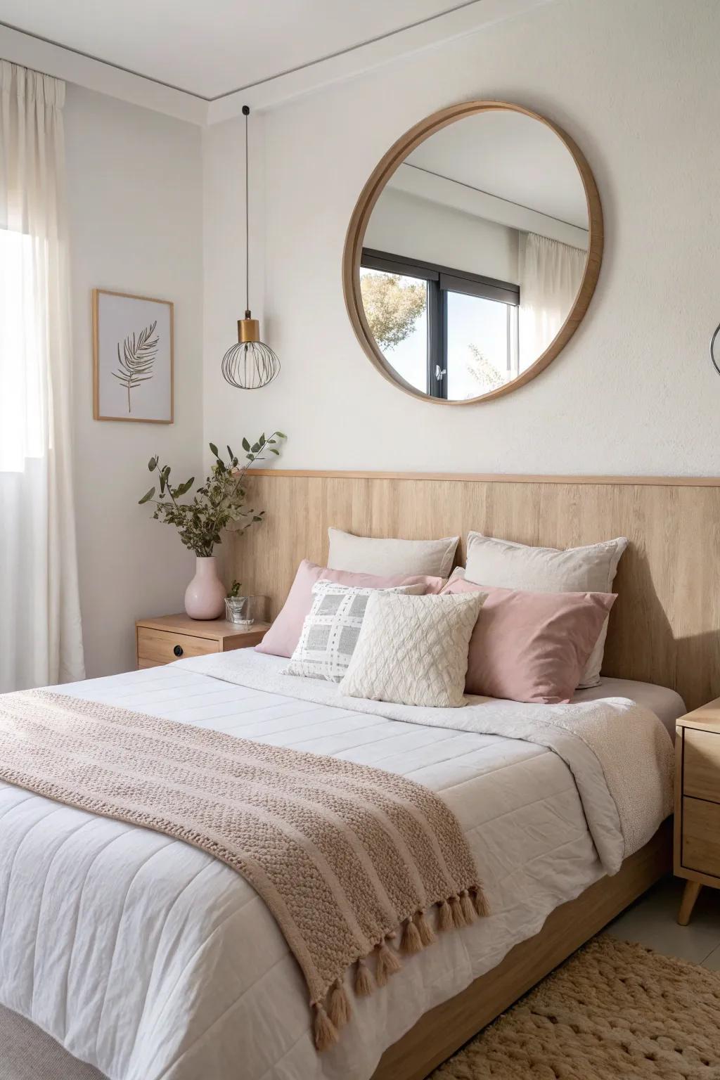 A round mirror above the bed reflects light and makes a small bedroom feel instantly bigger.