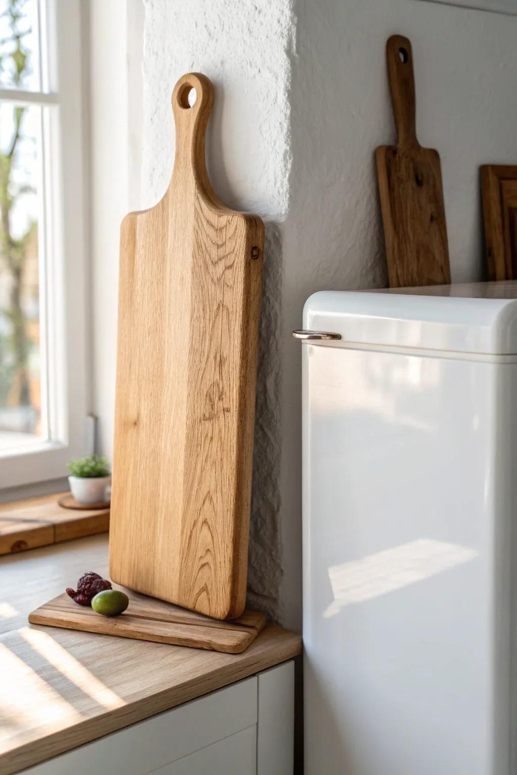 Leaning wooden cutting boards above the fridge for warm, minimal decor and easy access.