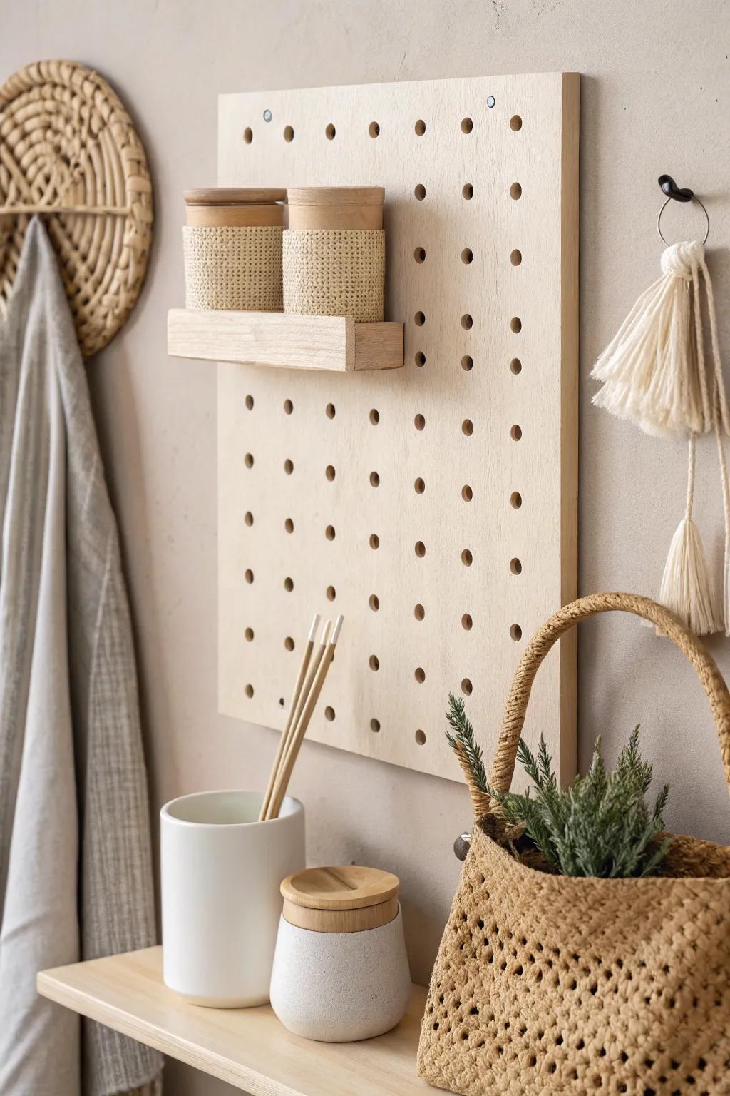 Neutral wood-and-cream pegboard styling that makes any small workspace feel warm and cozy.