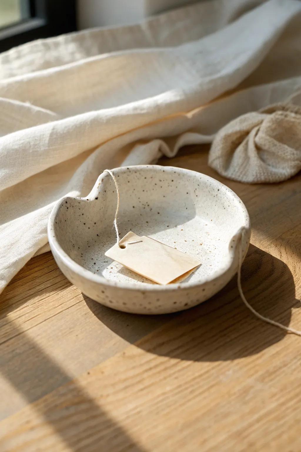 Handmade air-dry clay tea bag dish—keeps counters drip-free and mornings calm.