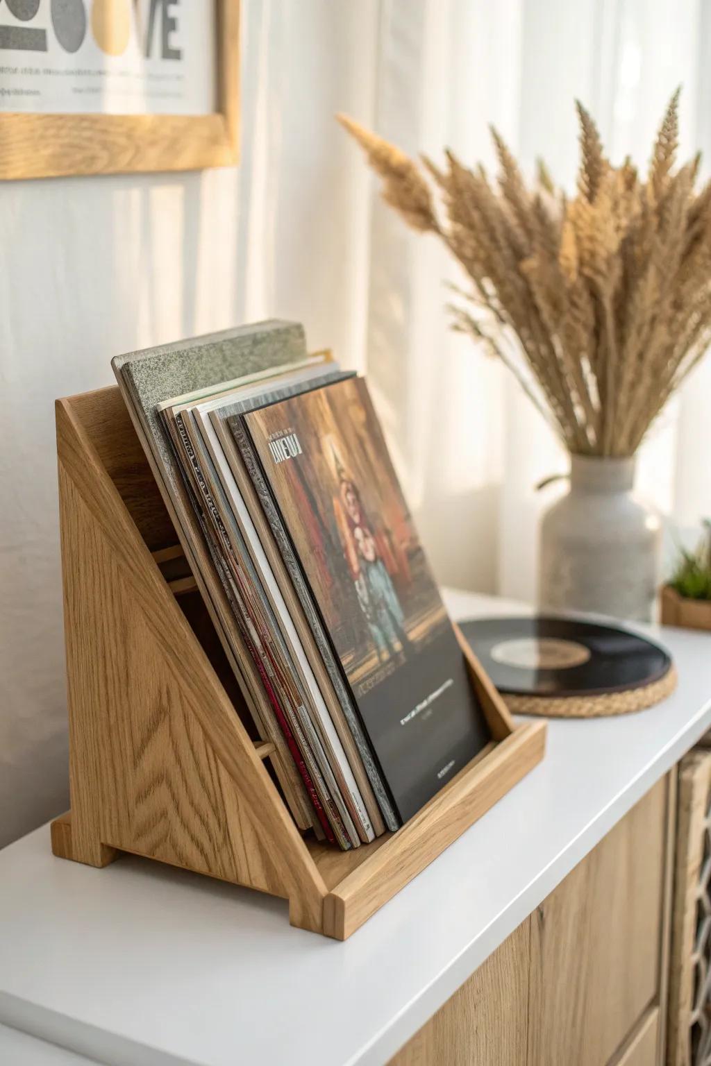 Angled desktop record rack keeps vinyl upright and on display—ideal for small desks.