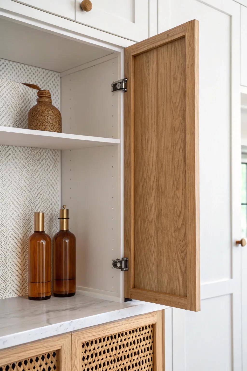 Adjust cabinet shelf heights to fit tall bottles upright—simple, tidy, and space-smart.