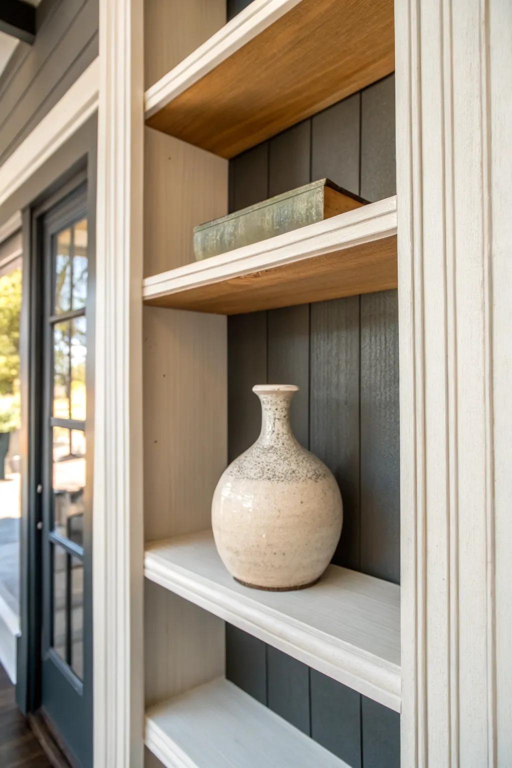 Two-tone alcove back panel adds depth—your favorite ceramics pop instantly in small spaces.