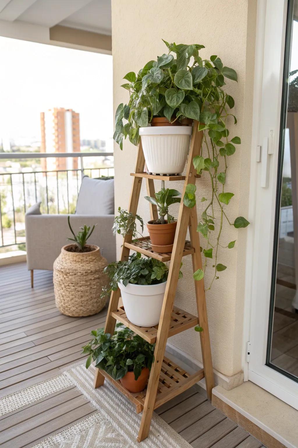 Build a balcony “jungle” by layering pots at different heights on one beautiful plant stand.