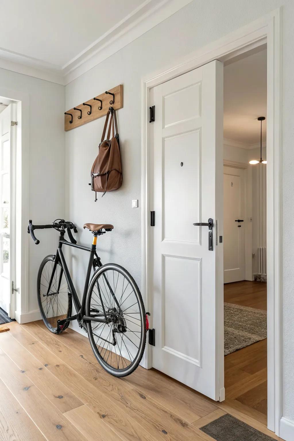 Hide your bike behind the door—sleek vertical mount keeps small hallways calm and clear.