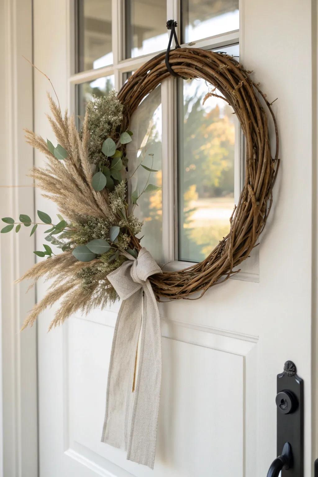 Keep a neutral wreath base, then swap in seasonal stems for an effortless door refresh.