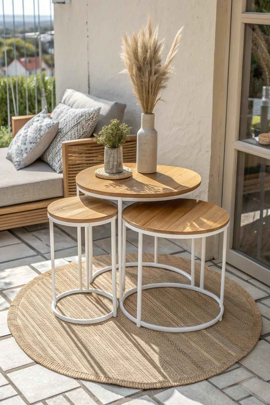 Stackable nesting tables: extra surface when hosting, then tuck away to free patio space.