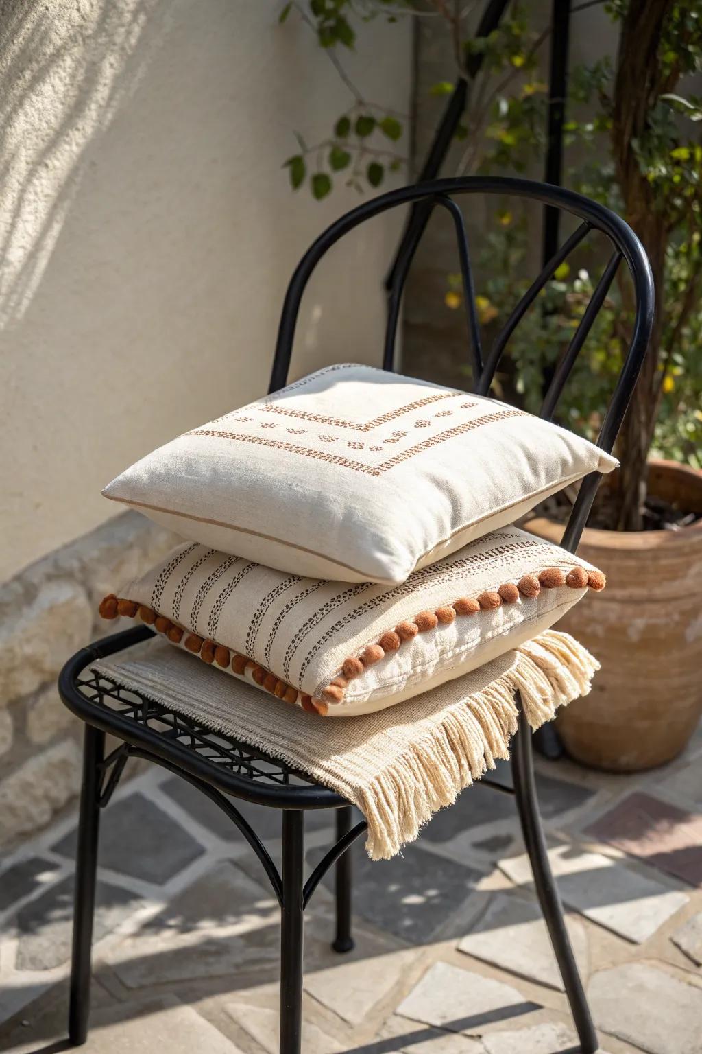 Layered seat cushions and throw pillows make a tiny patio chair feel like a cozy outdoor lounge.