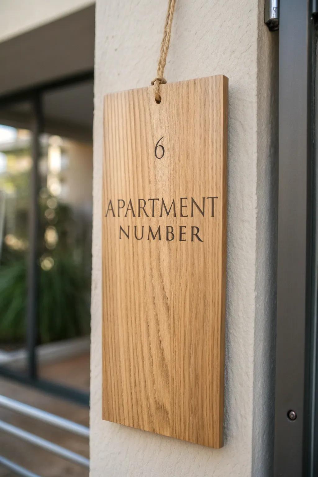 Slim engraved oak door sign—warm, minimal, and hallway-proof for modern apartment doors.