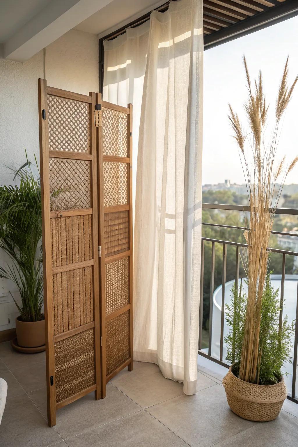 Instant balcony calm: a sleek wood screen + airy tall plants for privacy without closing in.