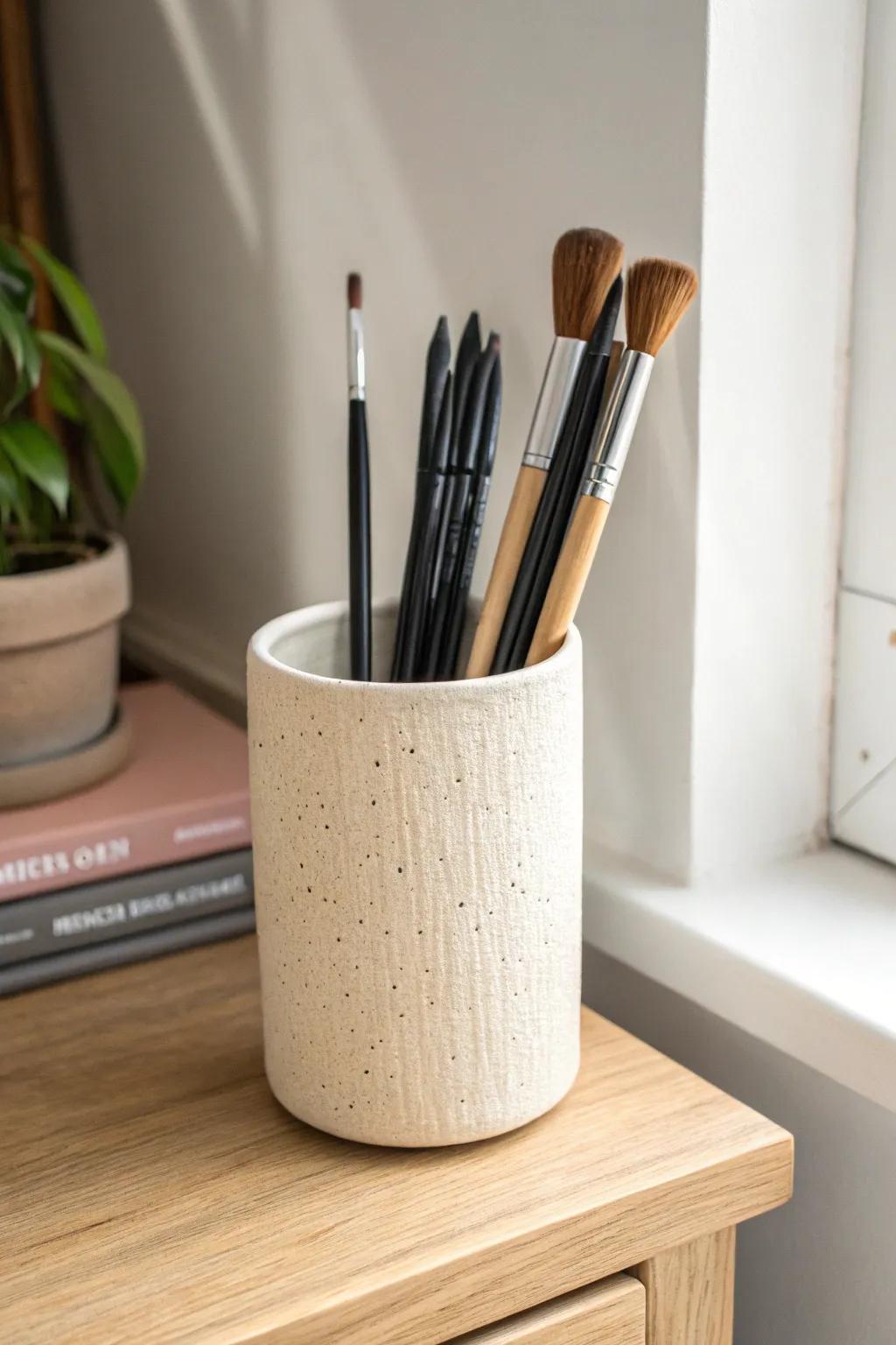 Keep daily pens and brushes upright in a sturdy cup for a tidy, ready-to-create art nook.