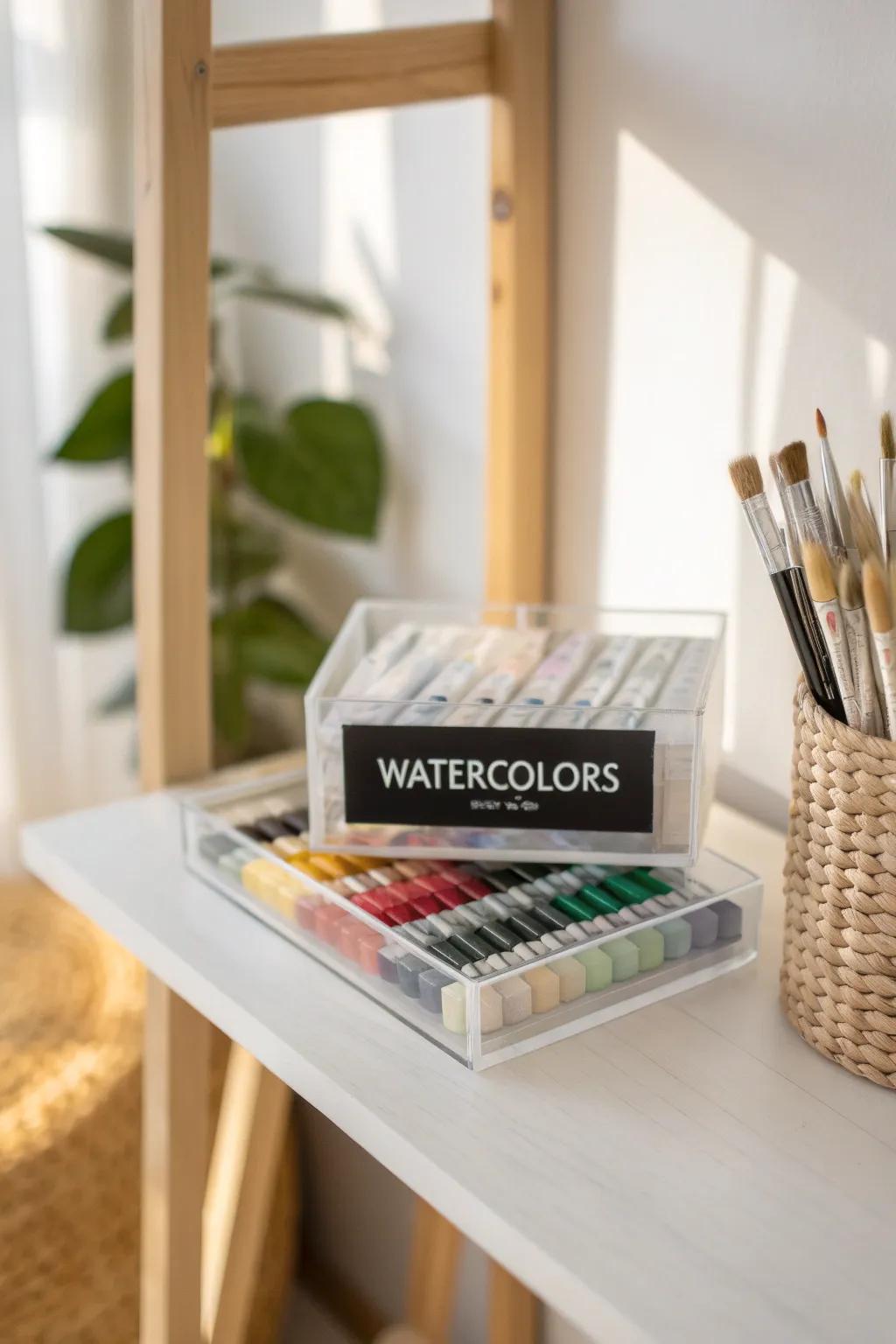 See-at-a-glance art supplies: one clear labeled bin turns open shelves into calm order.