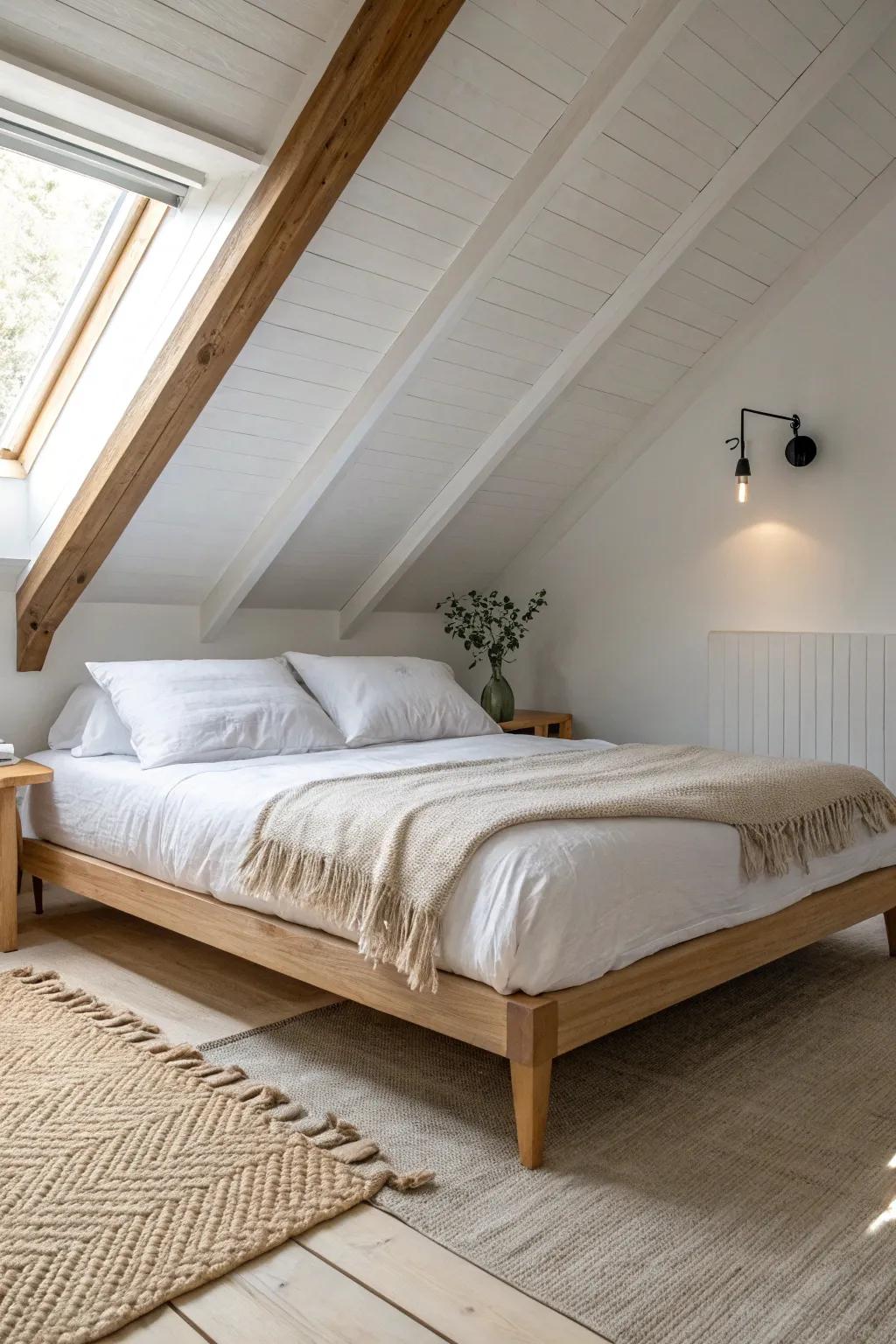 Tuck your bed under the eaves and add soft lighting for a cozy built-in cocoon.