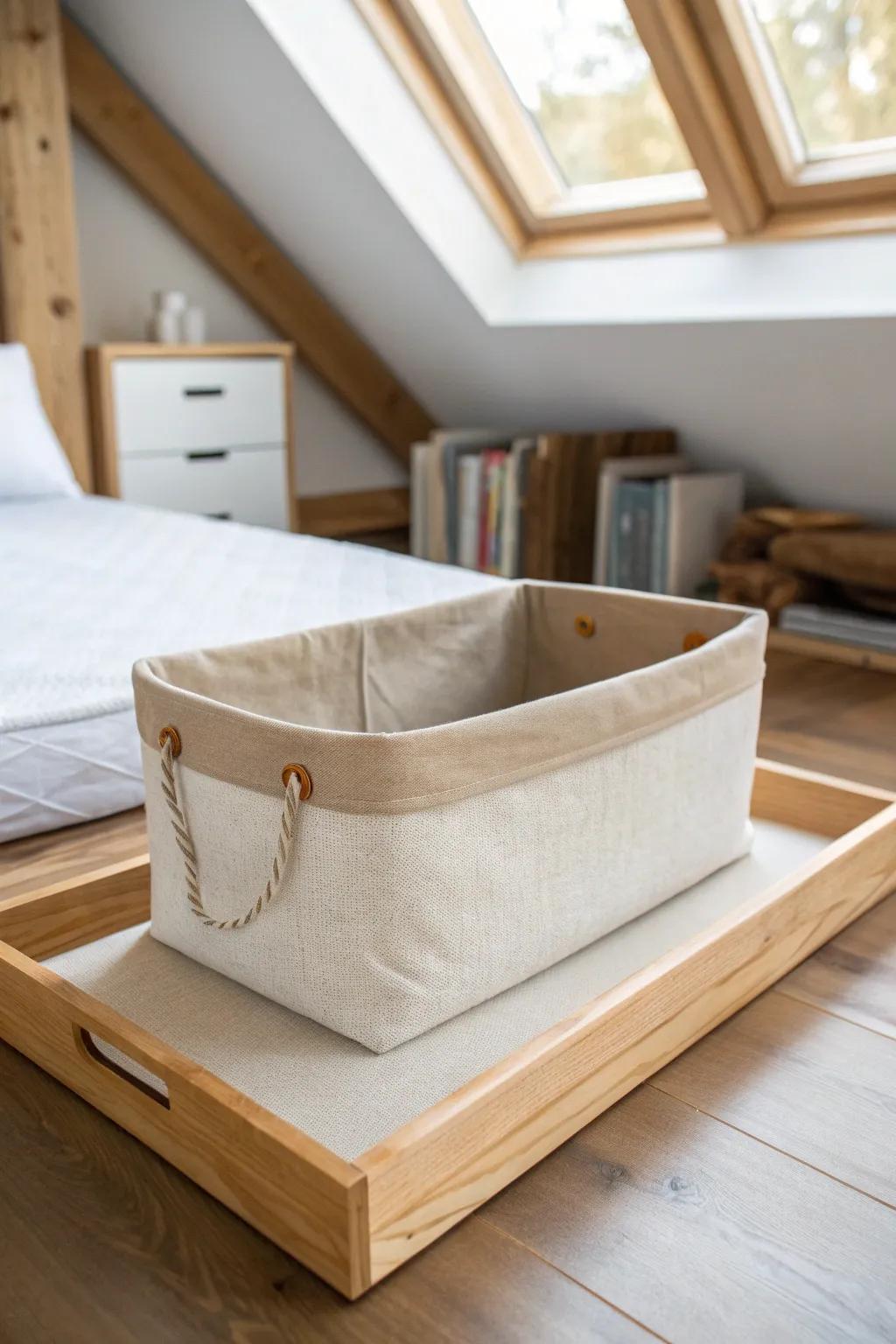 Pull-out attic tote on a smooth sliding platform—drawer-like storage without the crawl.