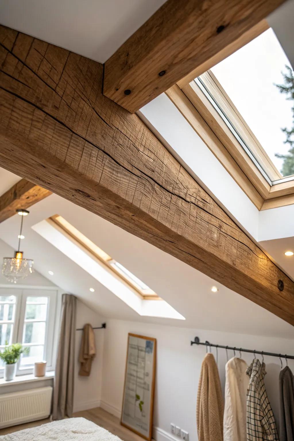 Let one warm wood beam shine—minimal decor and soft lighting make an attic loft feel cozy.