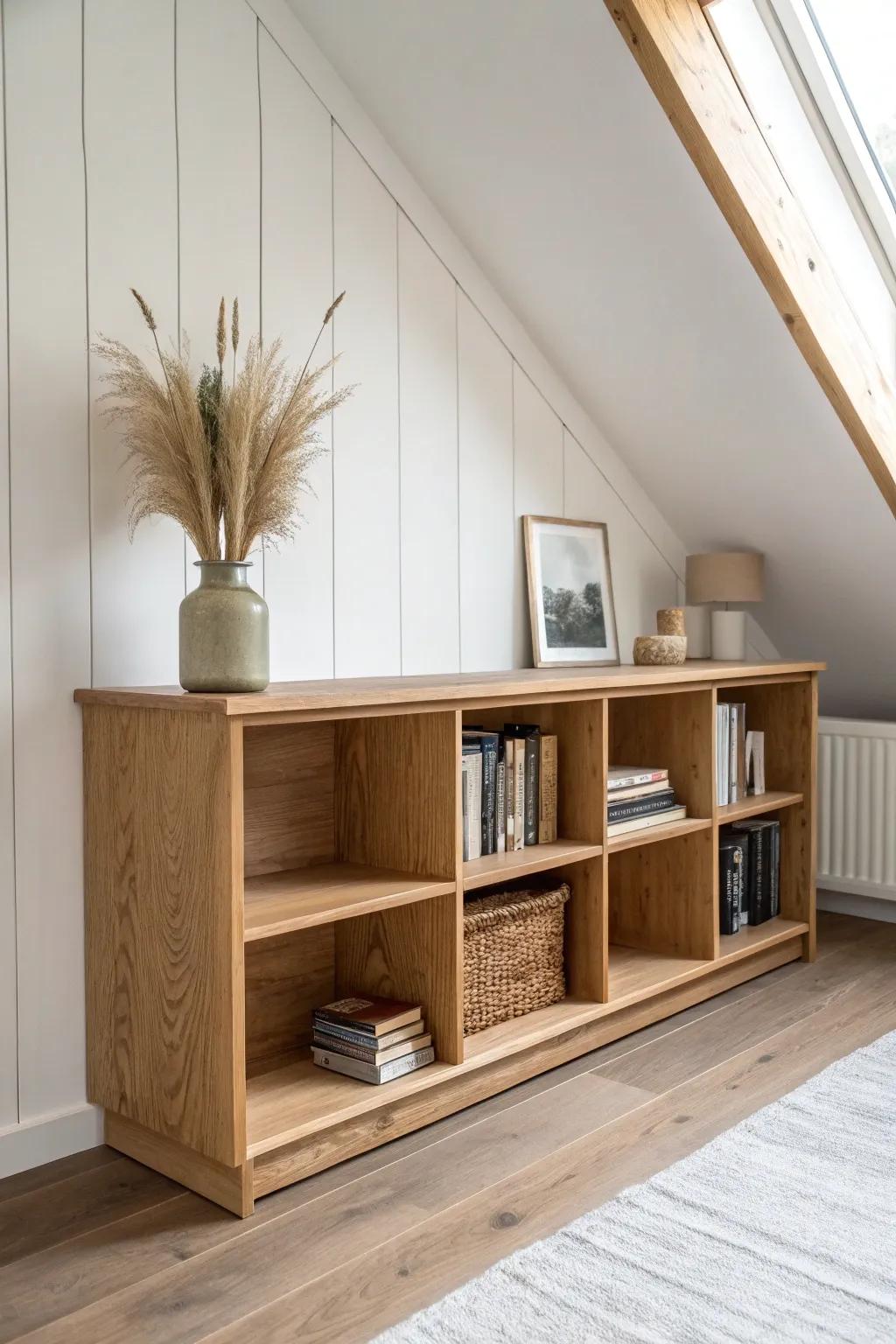 A handcrafted low bookshelf under a slanted attic ceiling—your calm, tucked-away mini library nook.