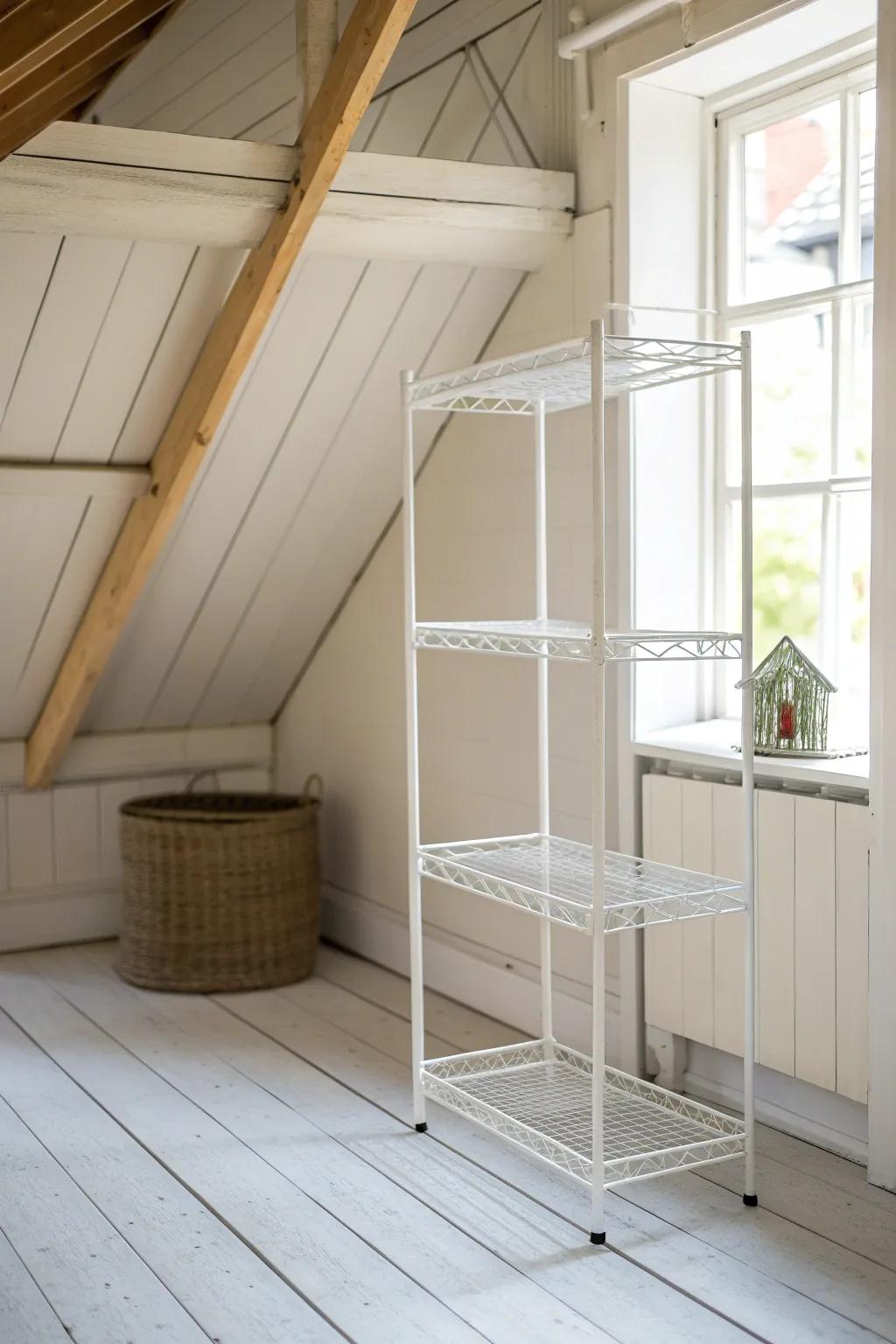 Use the tall attic zone: wire shelving keeps bins off dusty floors and easy to swap seasonally.