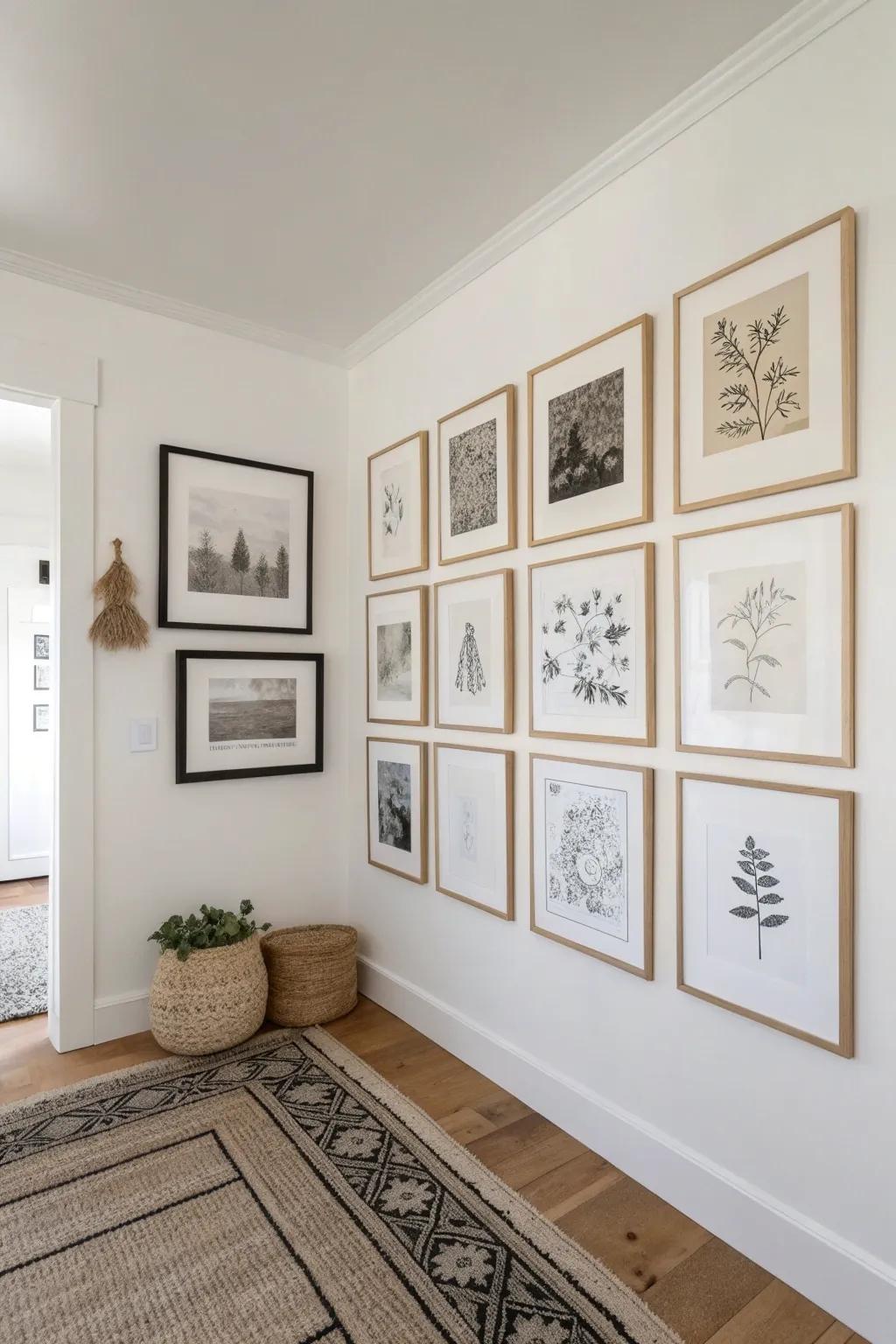Turn an awkward corner into art with a wraparound gallery wall in soft Scandinavian neutrals.