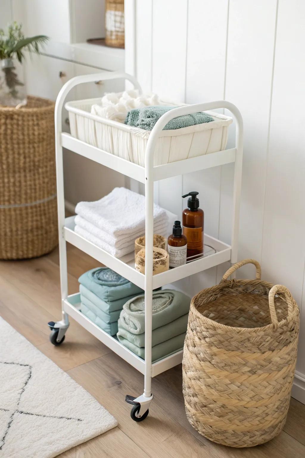 Small-room nursery hack: a chic rolling diaper cart keeps supplies vertical and ready to roll.
