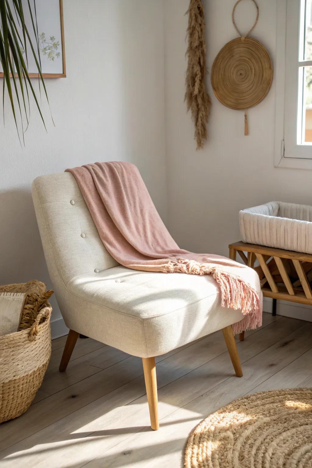 A cozy corner nursing spot: slim chair, soft textures, and airy minimal style for small nurseries.