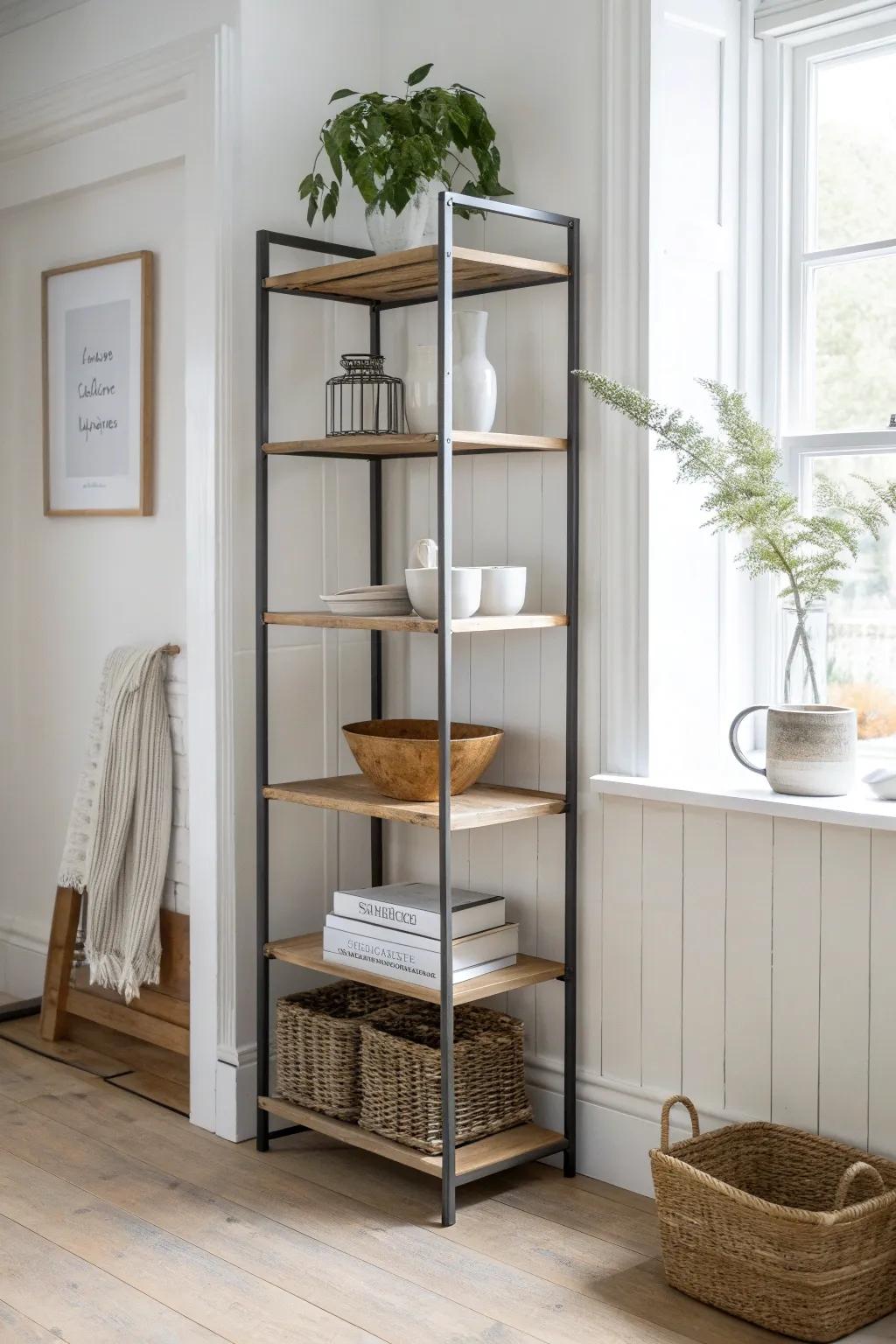 A slim baker’s rack transforms a forgotten corner nook into airy, open storage with boho charm.