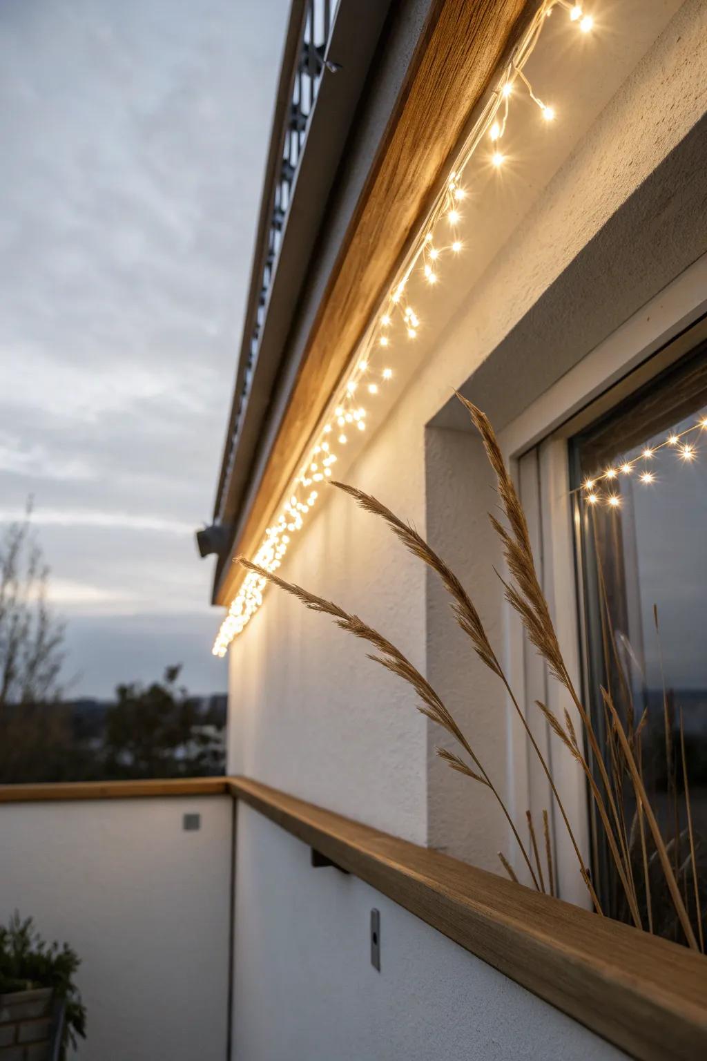 A warm ceiling glow line that turns a tiny balcony into a cozy, finished “room.”