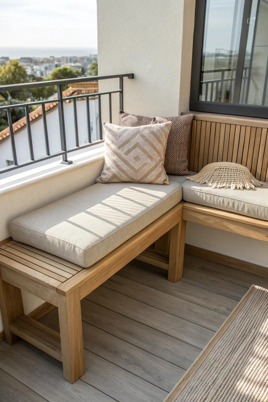 A space-saving L-shaped bench that turns a tiny balcony deck into a cozy corner.