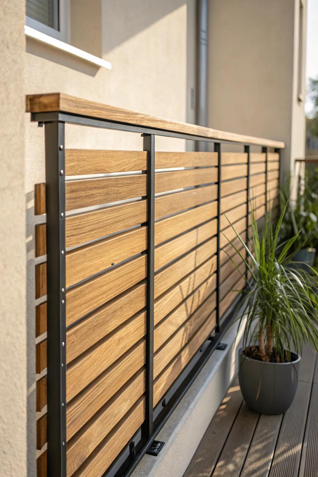 Horizontal wood slats warm up a metal railing—cozy, minimal, and perfect behind plants.